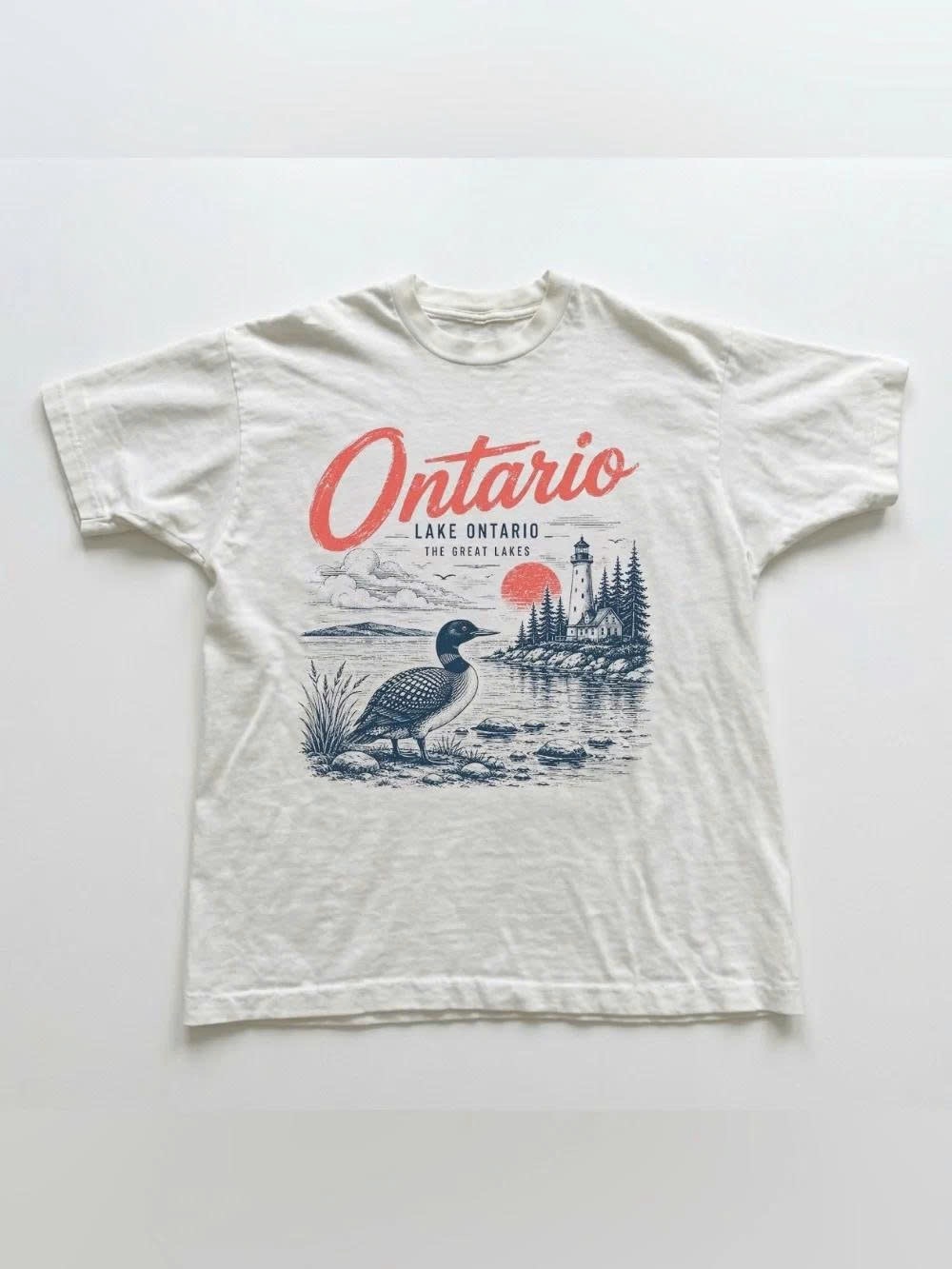 Ontario Lake Graphic Tee - White with Coral & Navy Print